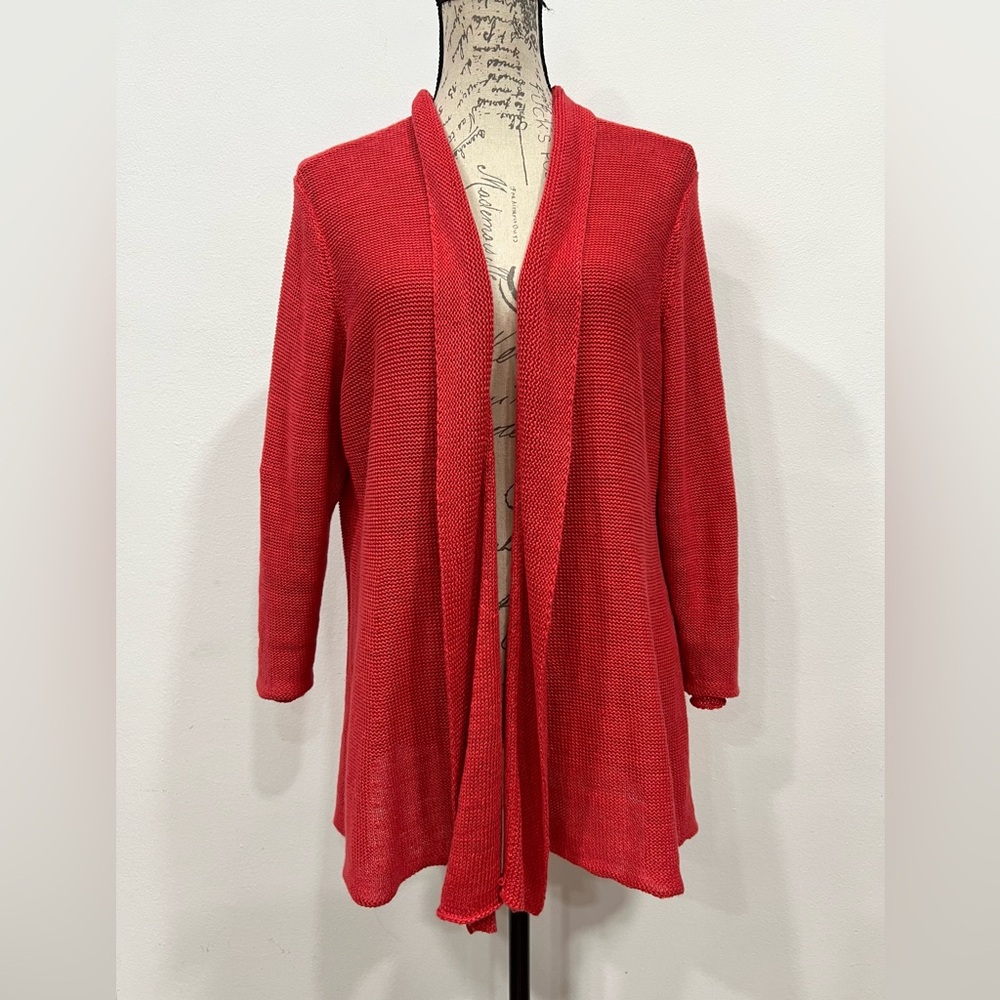 Eileen Fisher Open Front Cardigan Lightweight Sweater Hemp Knit XL Coral Red